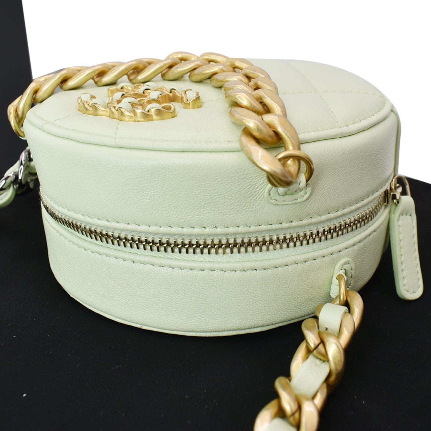 CHANEL 19 Round Quilted Lambskin Leather Clutch Crossbody Bag Light Green