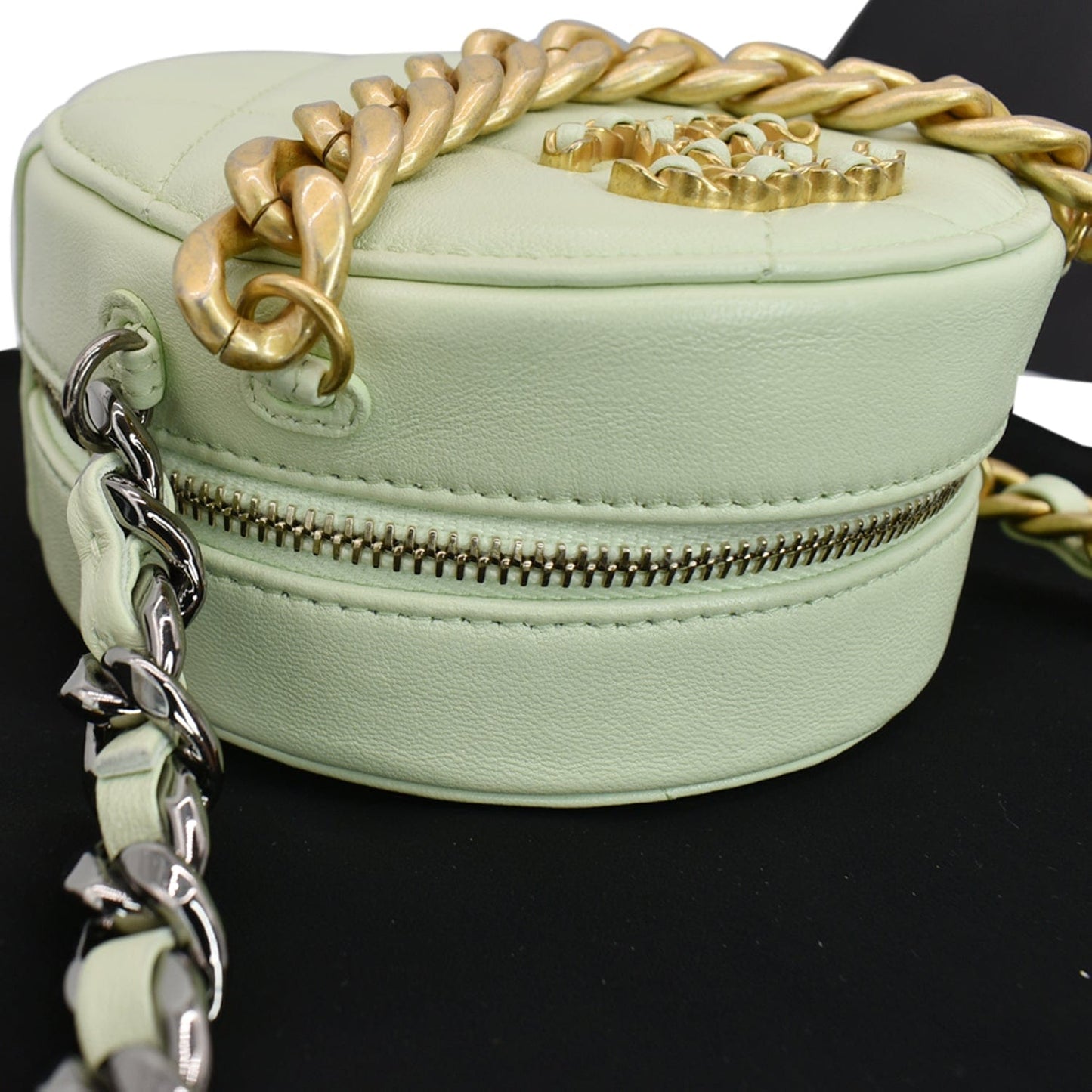 CHANEL 19 Round Quilted Lambskin Leather Clutch Crossbody Bag Light Green
