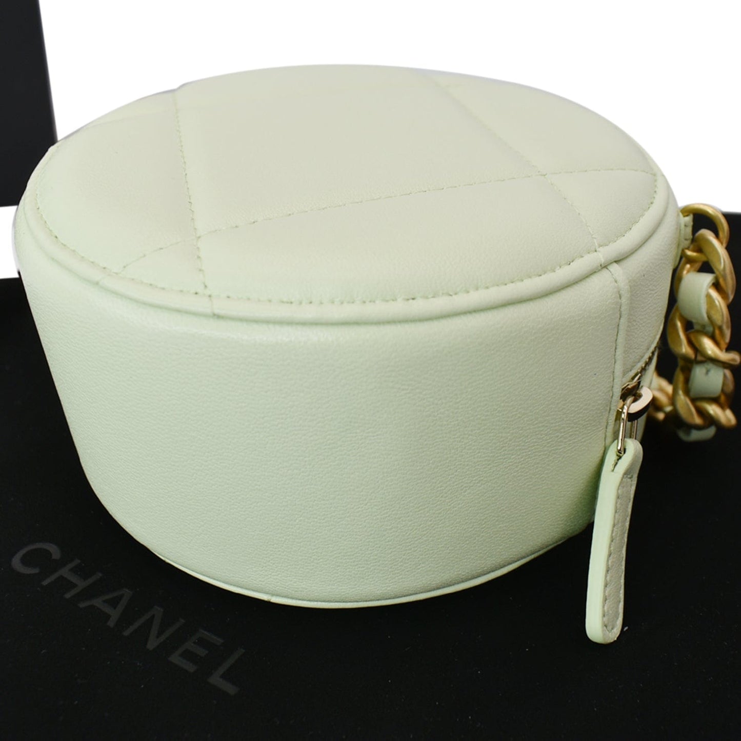 CHANEL 19 Round Quilted Lambskin Leather Clutch Crossbody Bag Light Green