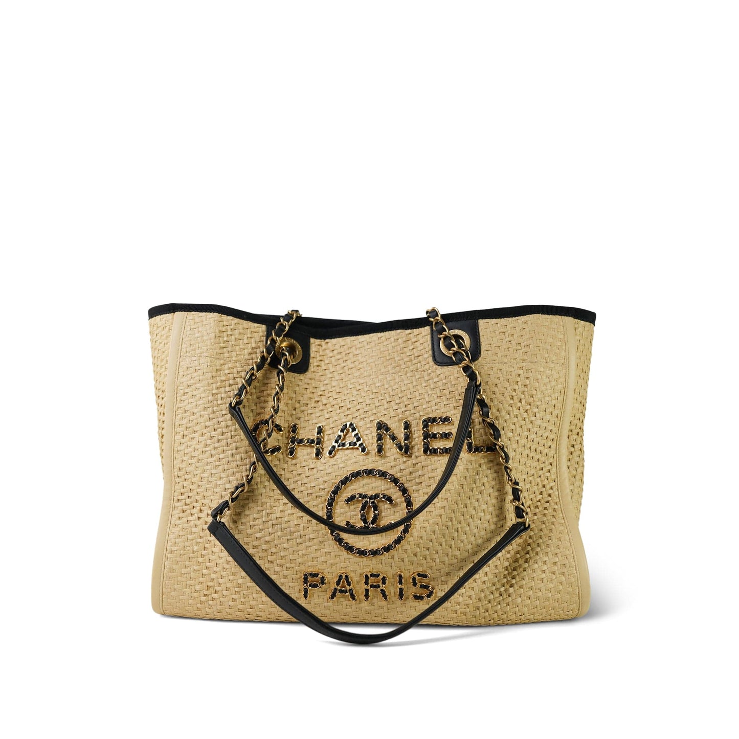 Beige Raffia Deauville Shopping Tote Small Aged Gold Hardware