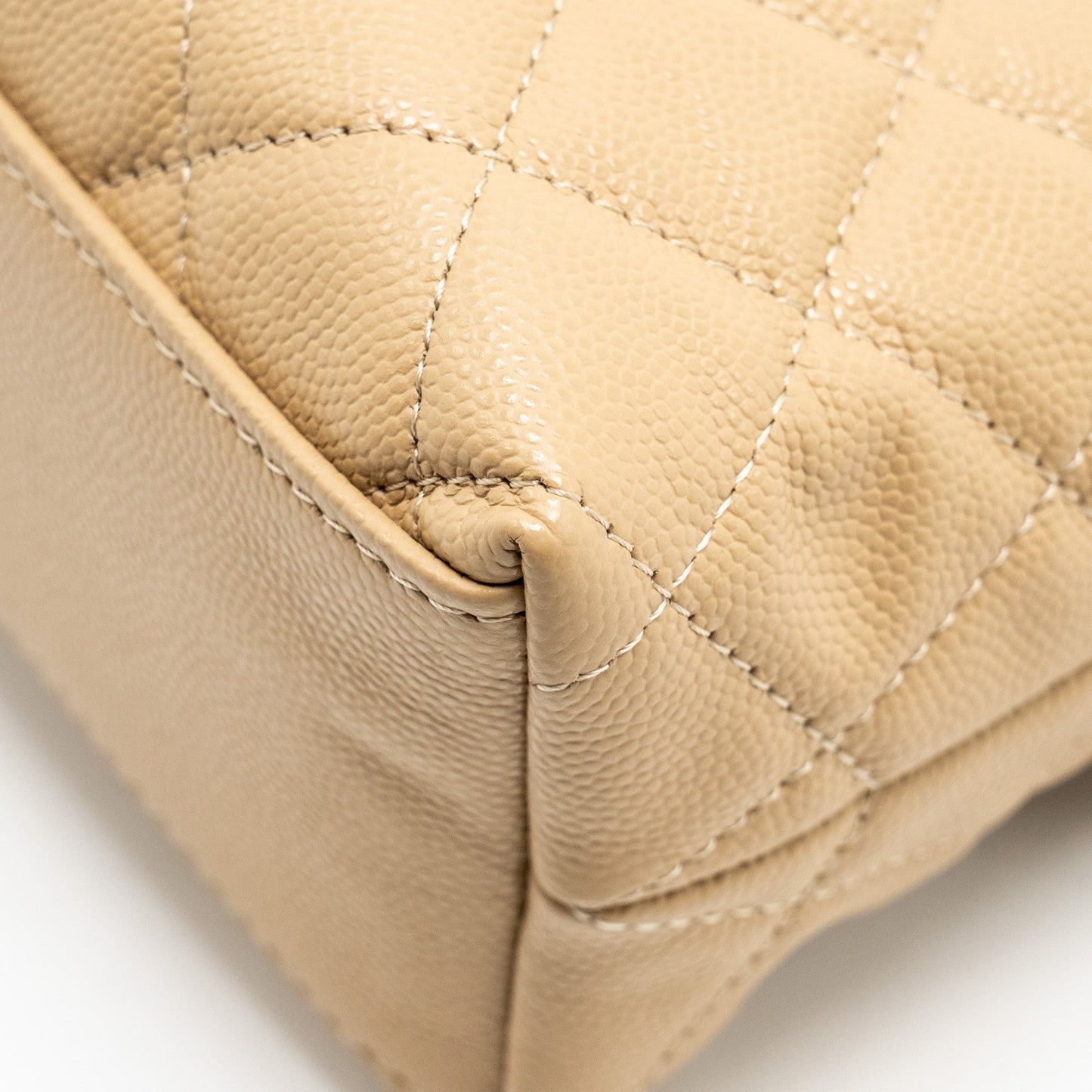 Chanel CC Logo Quilted Mini Clutch with Chain Caviar Beige GHW (Microchip)