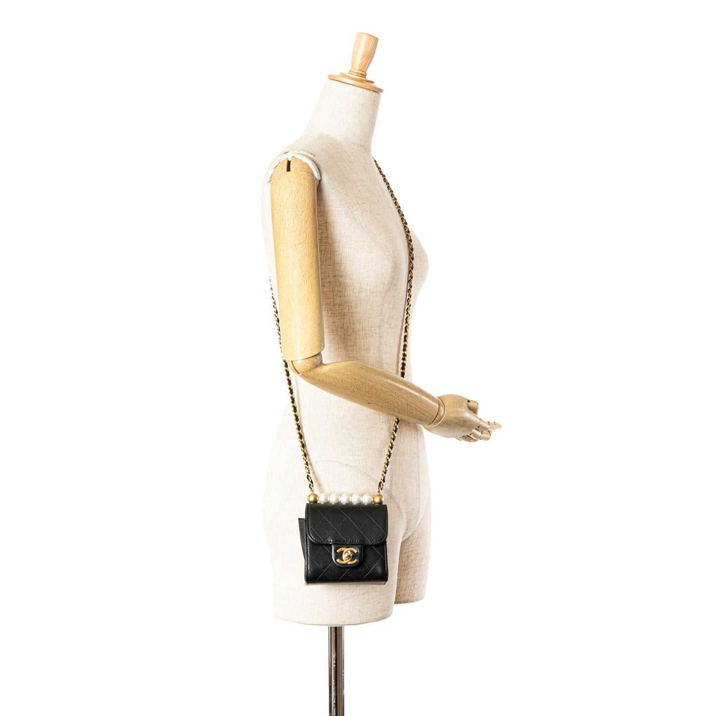 Black Chanel Mini Goatskin Chic Pearls Clutch On Chain Crossbody Bag