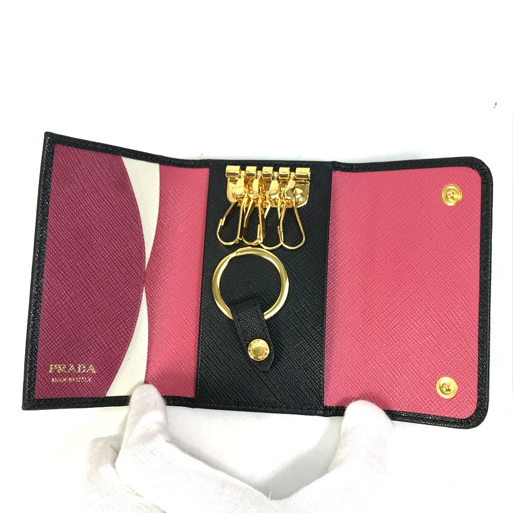 PRADA Key case Key holder 1PG004 saffiano leather Black x pink logo multicolor Key ring Women Used