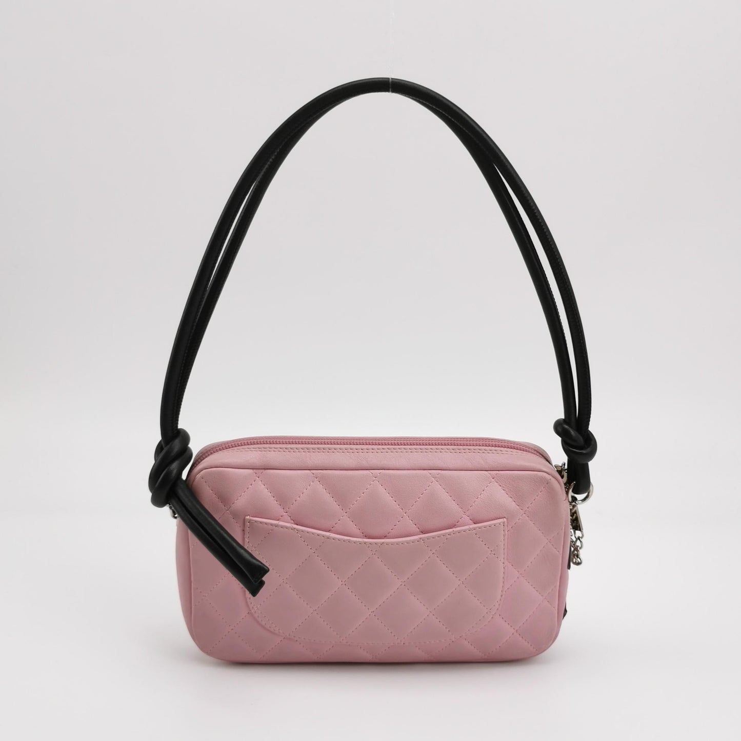 Chanel Cambon Clutch Shoulder Bag Pink Calfskin Leather Black Strap