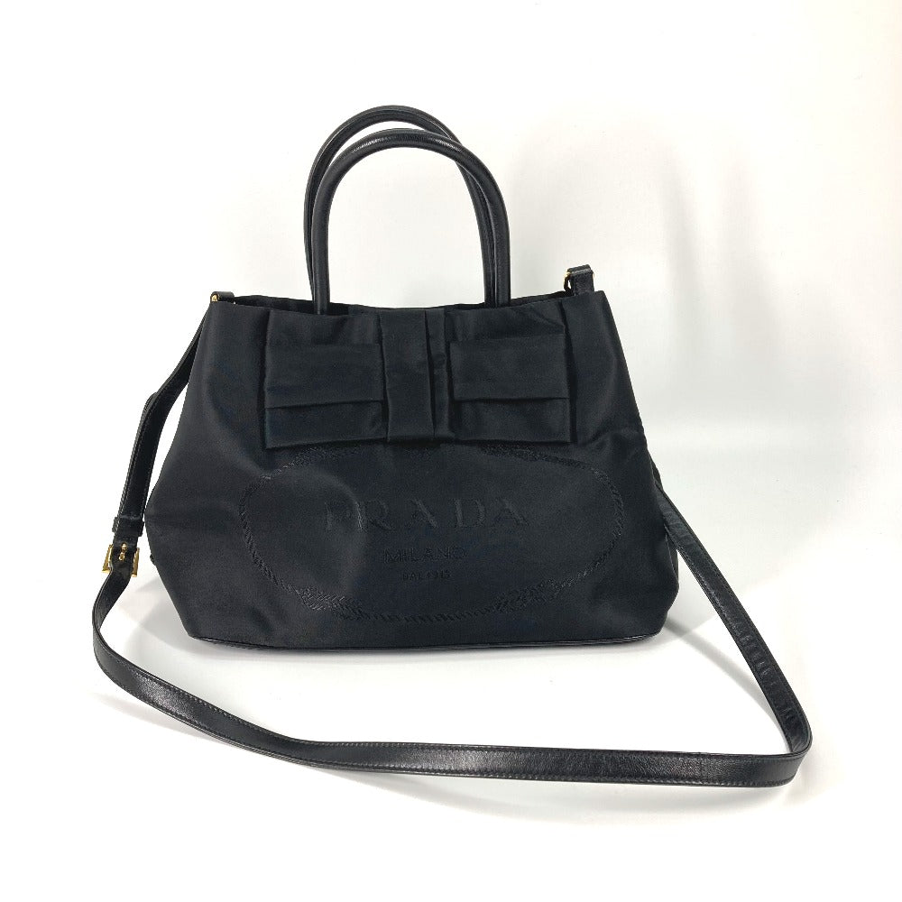 PRADA Tote Bag 1BG068 Nylon / leather black Triangle logo plate ribbon Women Used