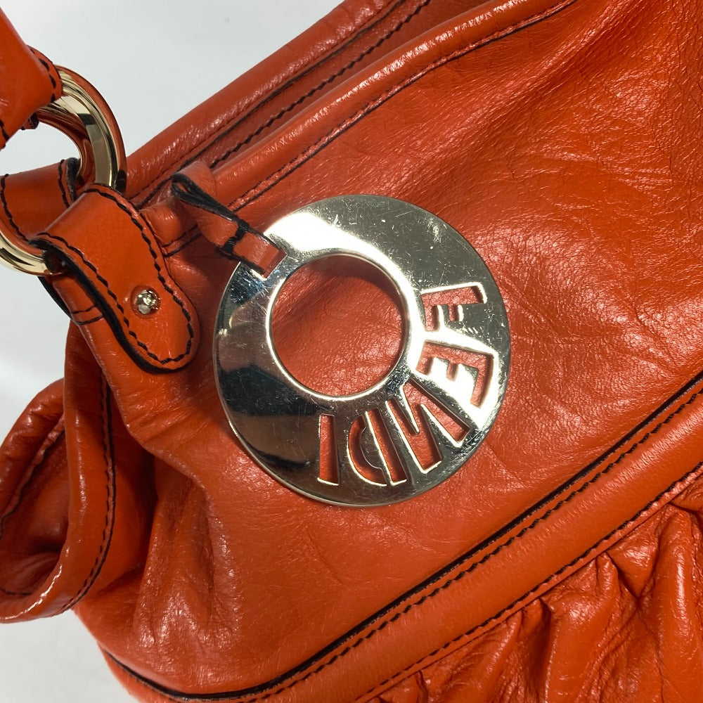 FENDI Tote Bag leather Orange shoulder bag logo Women Used