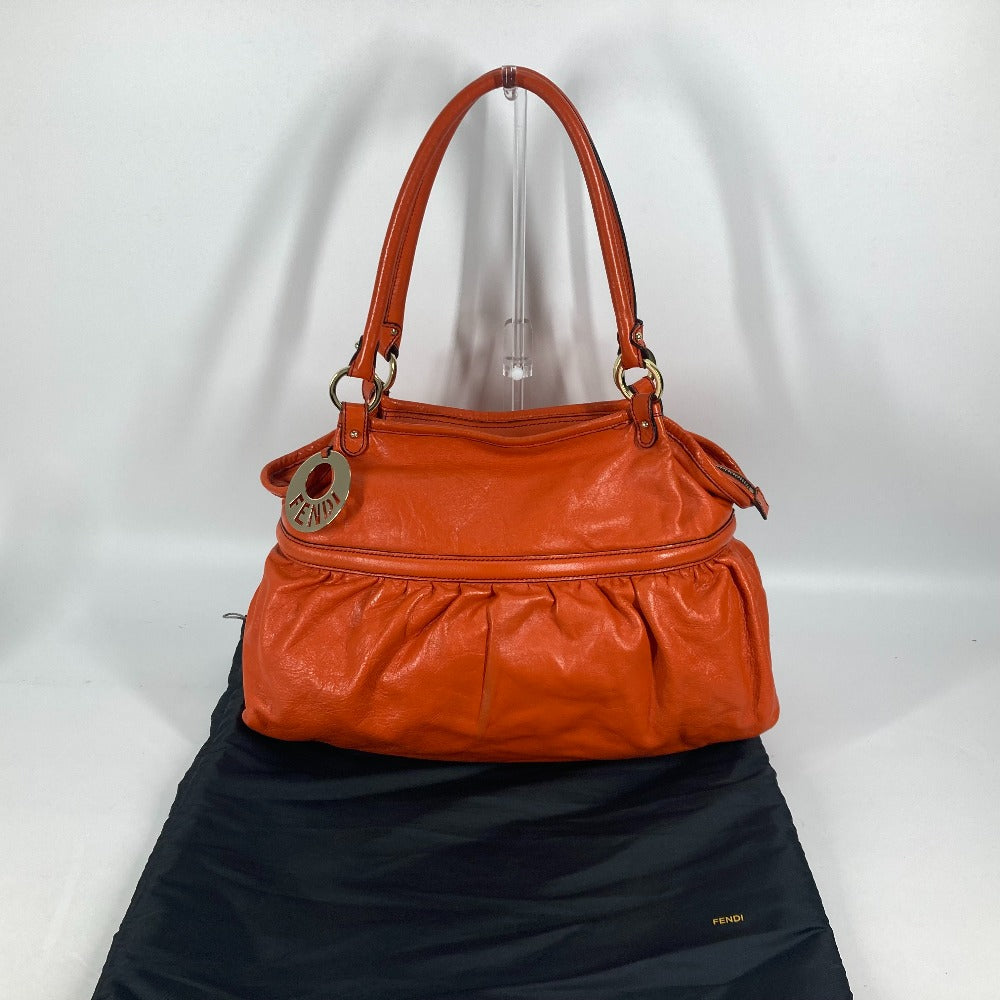 FENDI Tote Bag leather Orange shoulder bag logo Women Used
