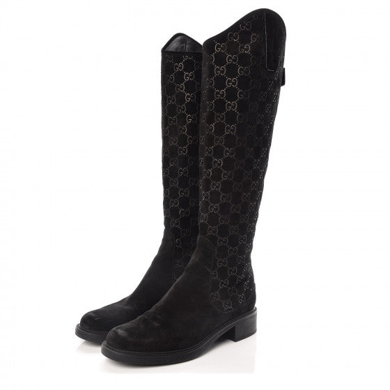 GUCCI GG Suede Leather Knee High Riding Boots