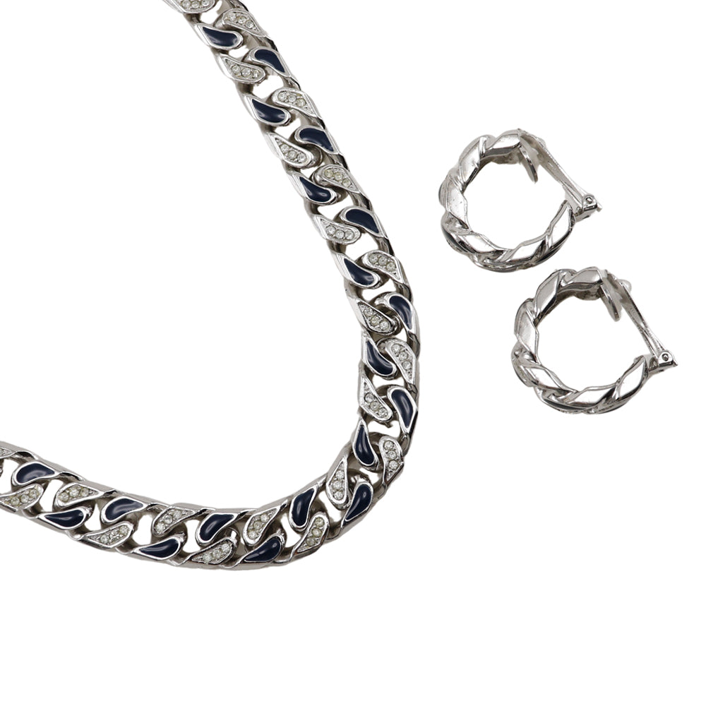Christian Dior Necklace Metal, Rhinestone Silver vintage Earing set Women Used