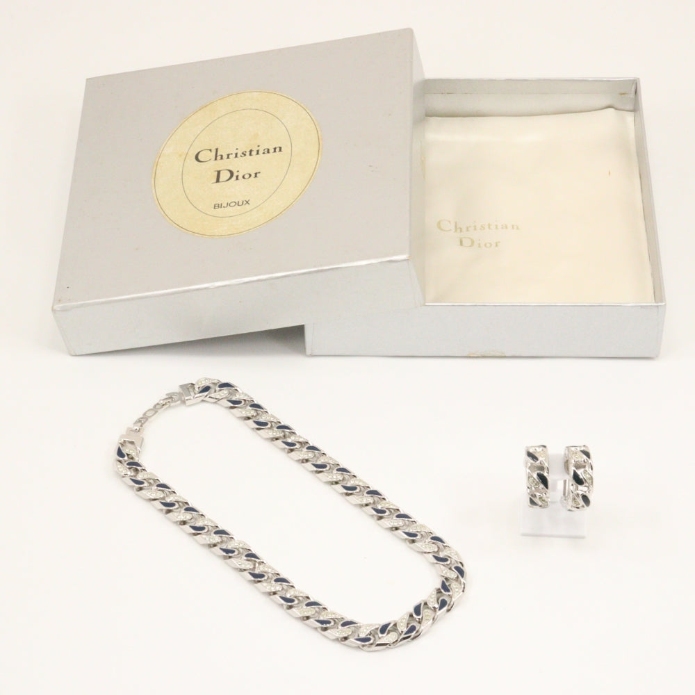 Christian Dior Necklace Metal, Rhinestone Silver vintage Earing set Women Used