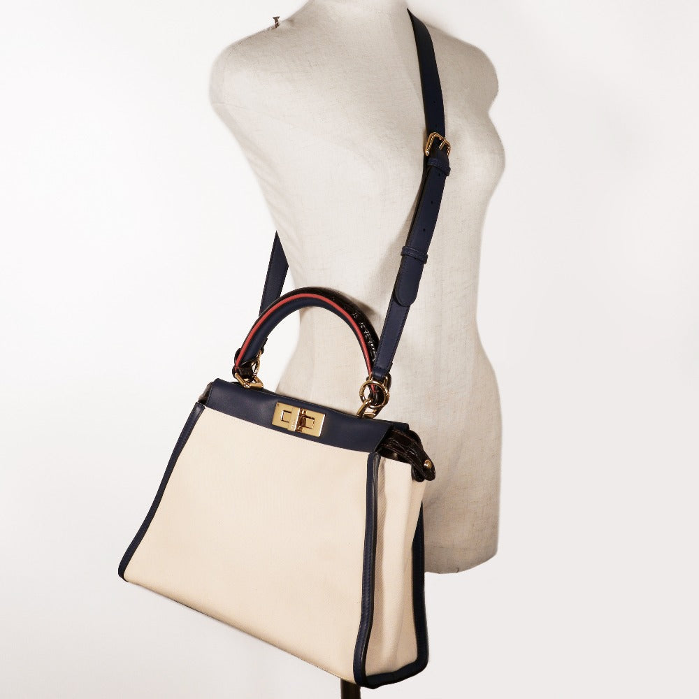 FENDI Handbag 8BN290 Canvas, Calfskin White / navy 2WAYShoulder Peekaboo Women Used