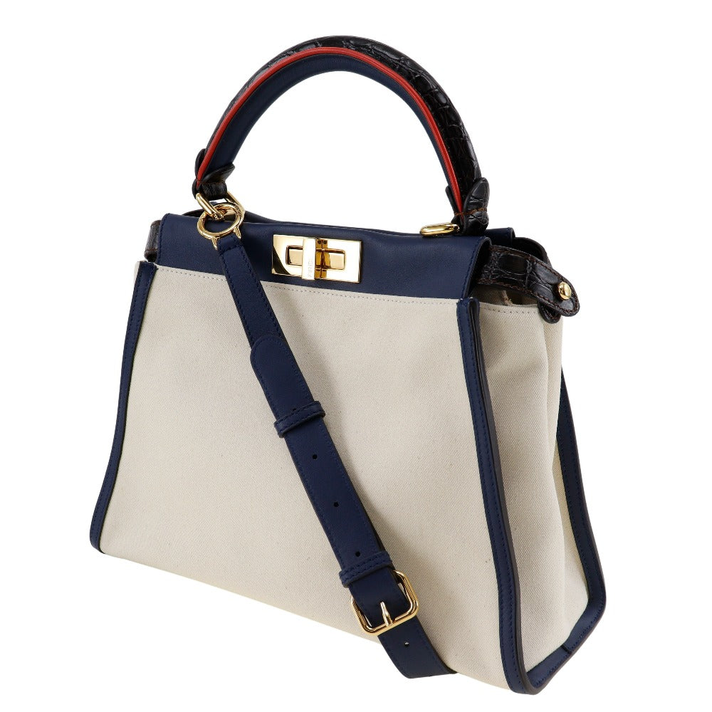 FENDI Handbag 8BN290 Canvas, Calfskin White / navy 2WAYShoulder Peekaboo Women Used