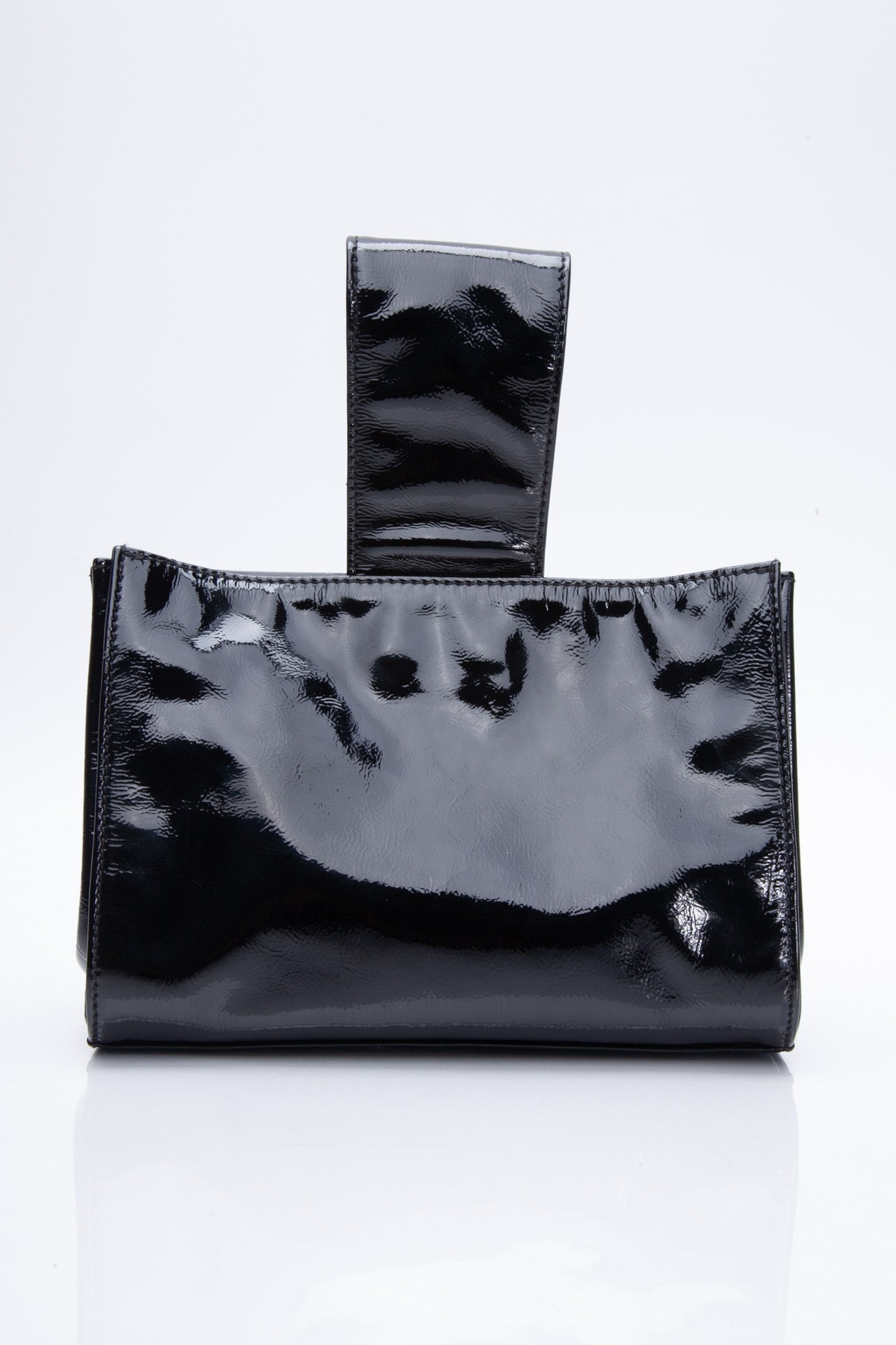 CHANEL Black Patent Mademoiselle Lock Convertible Clutch Bag