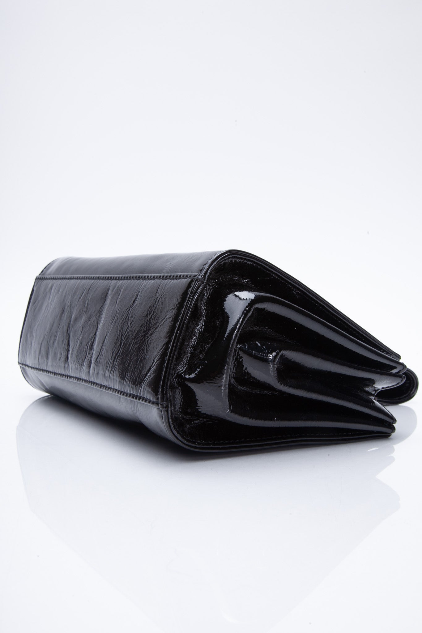CHANEL Black Patent Mademoiselle Lock Convertible Clutch Bag