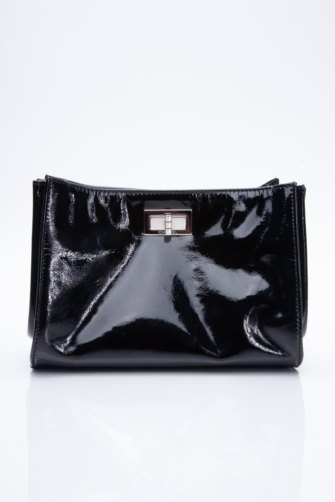 CHANEL Black Patent Mademoiselle Lock Convertible Clutch Bag