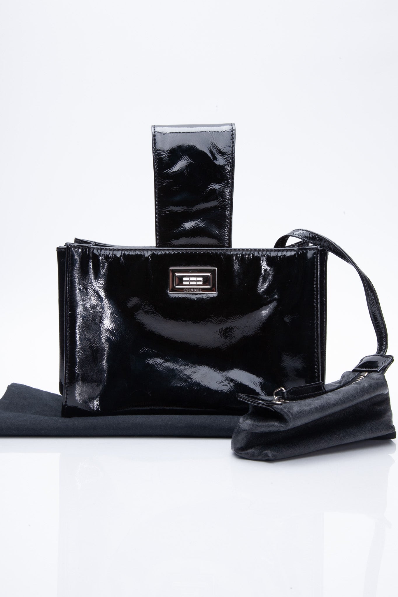CHANEL Black Patent Mademoiselle Lock Convertible Clutch Bag