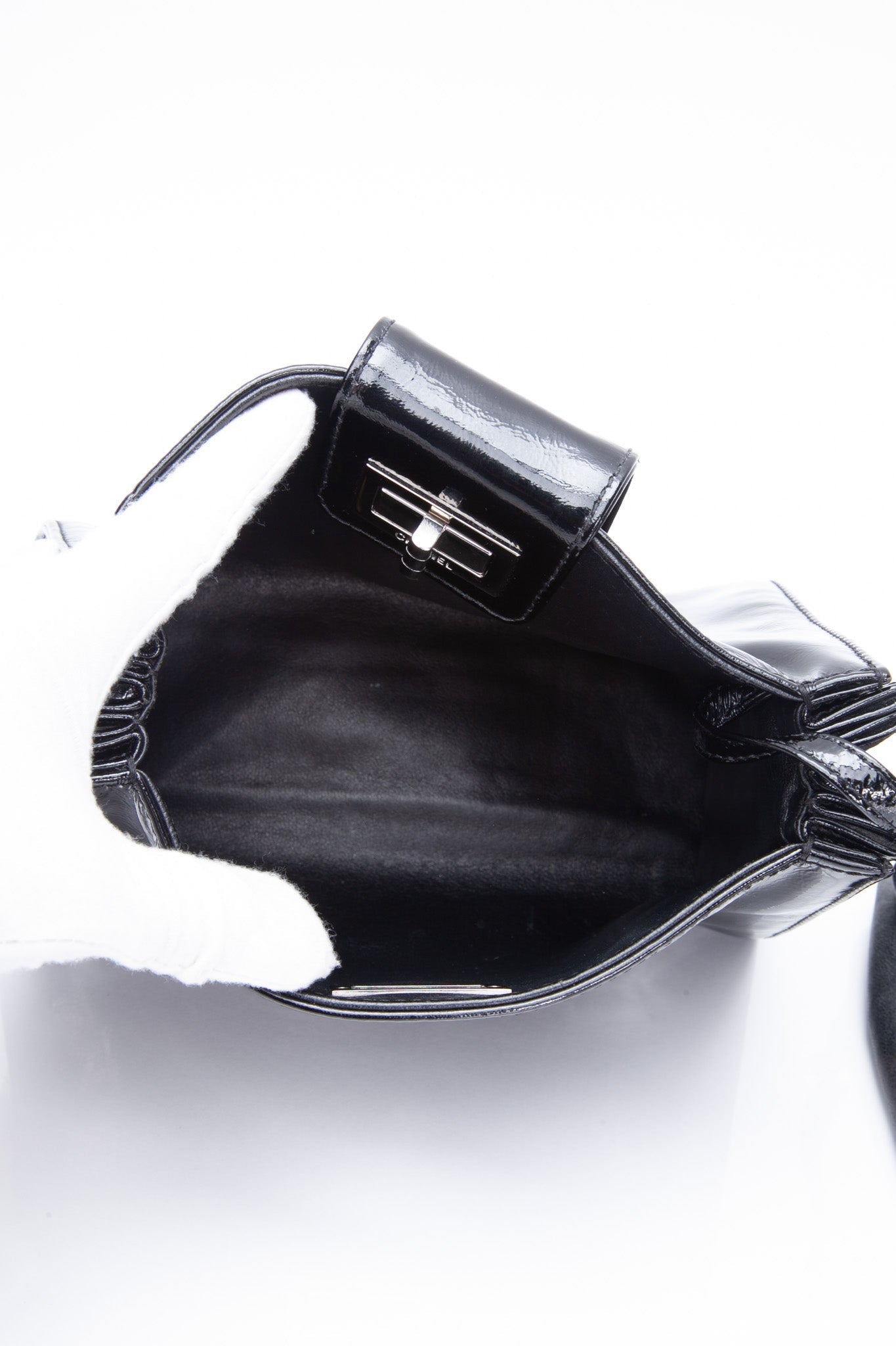 CHANEL Black Patent Mademoiselle Lock Convertible Clutch Bag