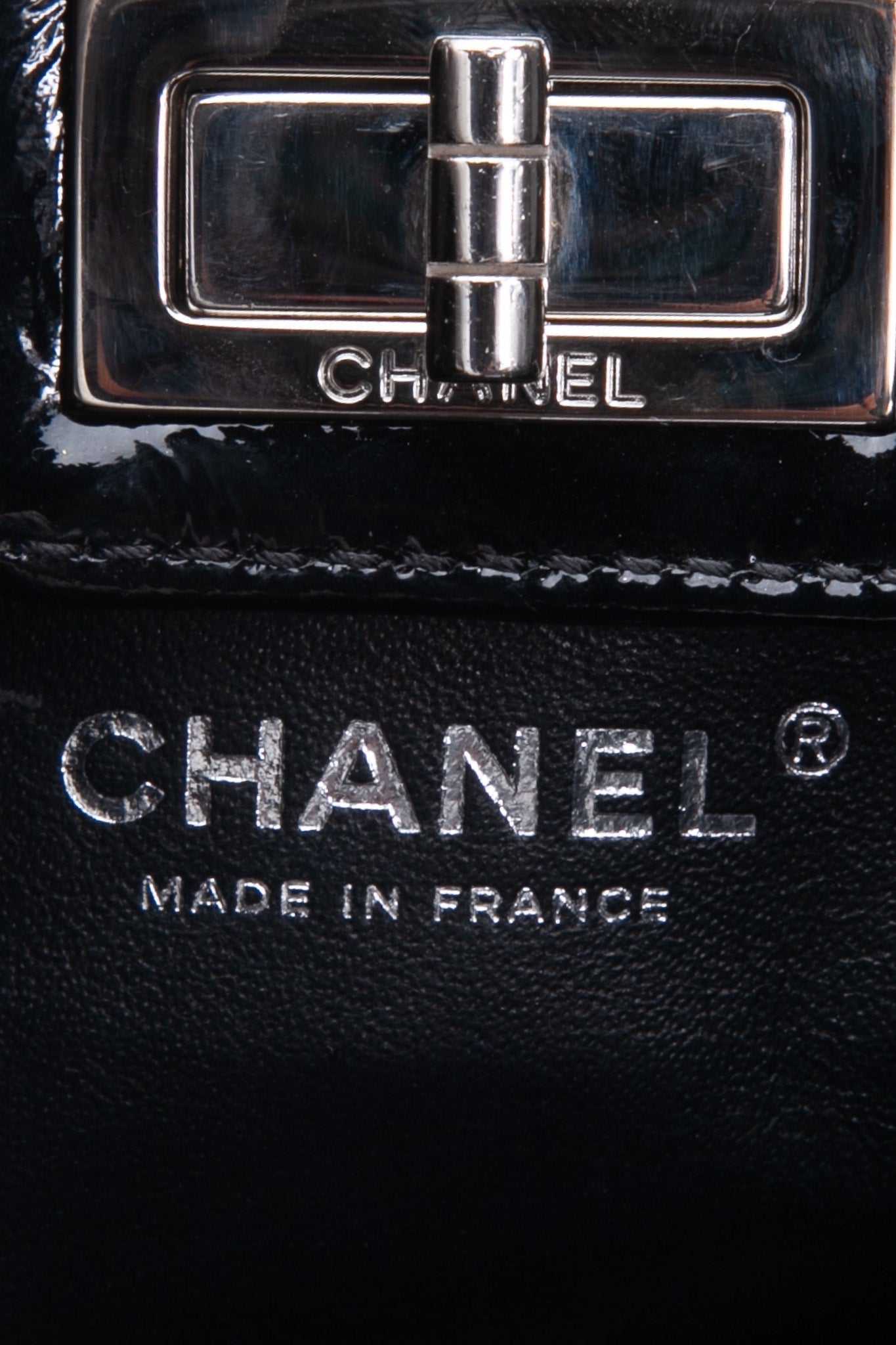 CHANEL Black Patent Mademoiselle Lock Convertible Clutch Bag
