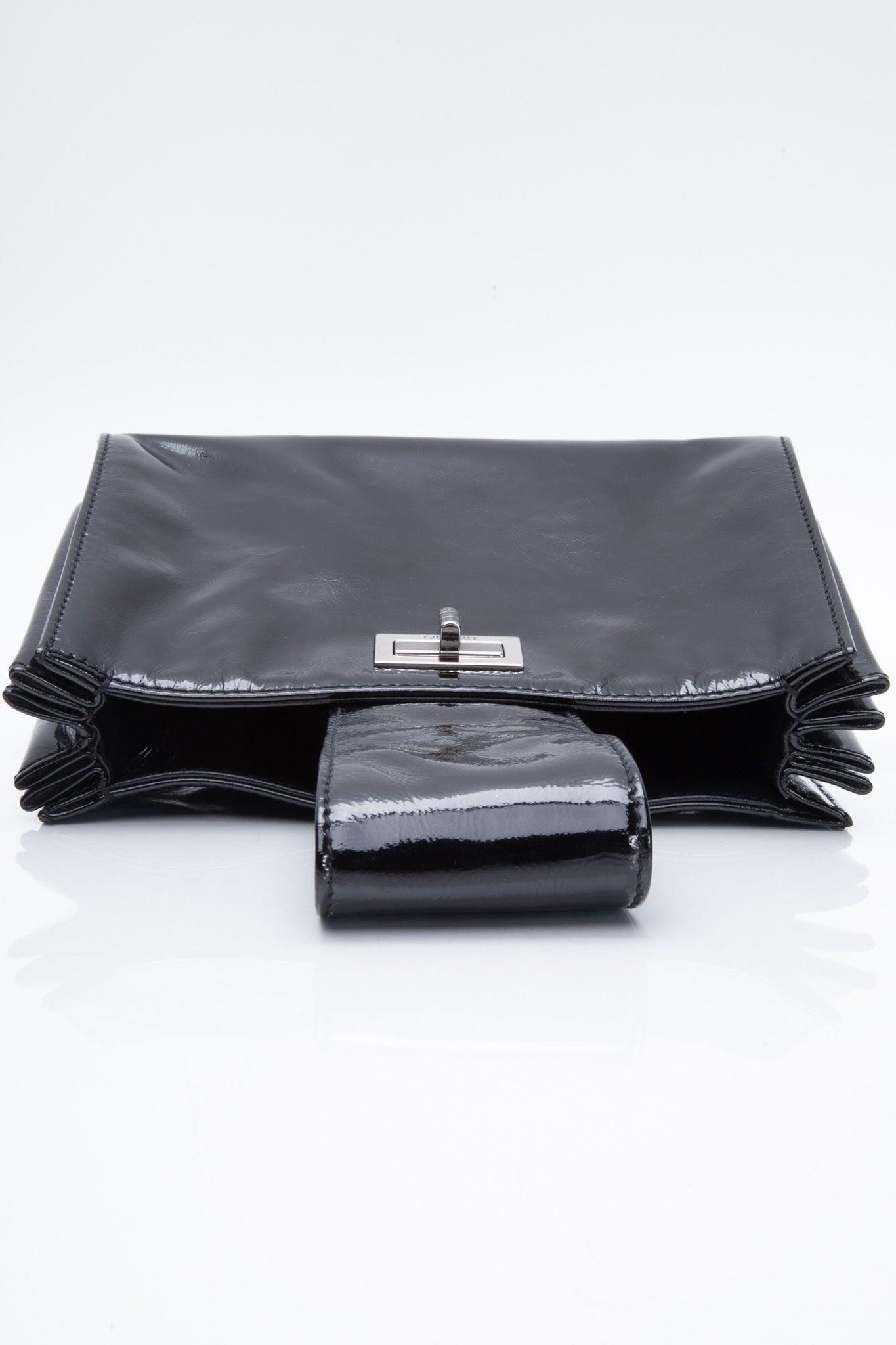 CHANEL Black Patent Mademoiselle Lock Convertible Clutch Bag
