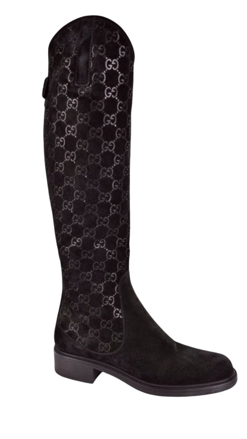 GUCCI GG Suede Leather Knee High Riding Boots