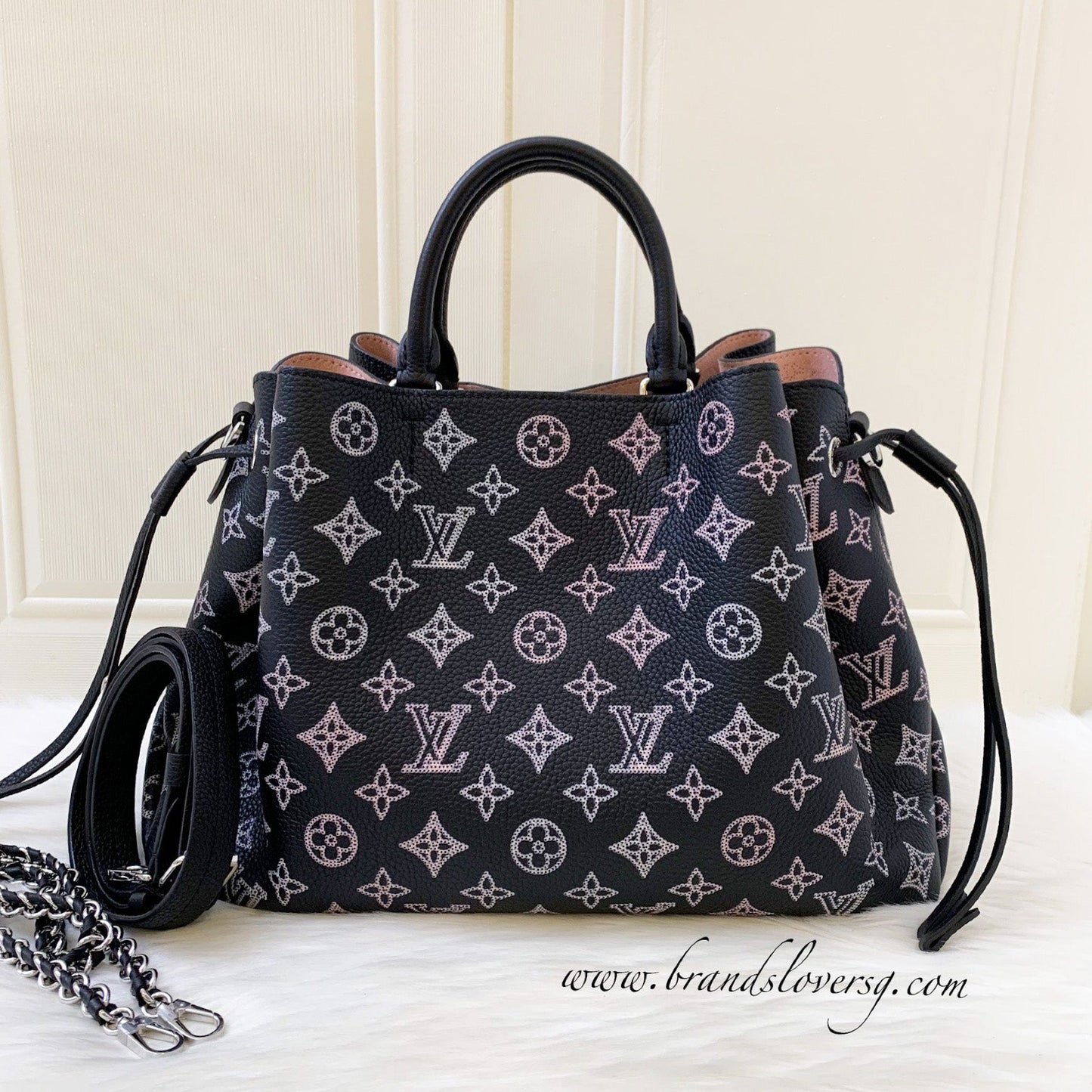 LV Bella Tote in Mahina Leather Black and Light Pink Mahina Leather