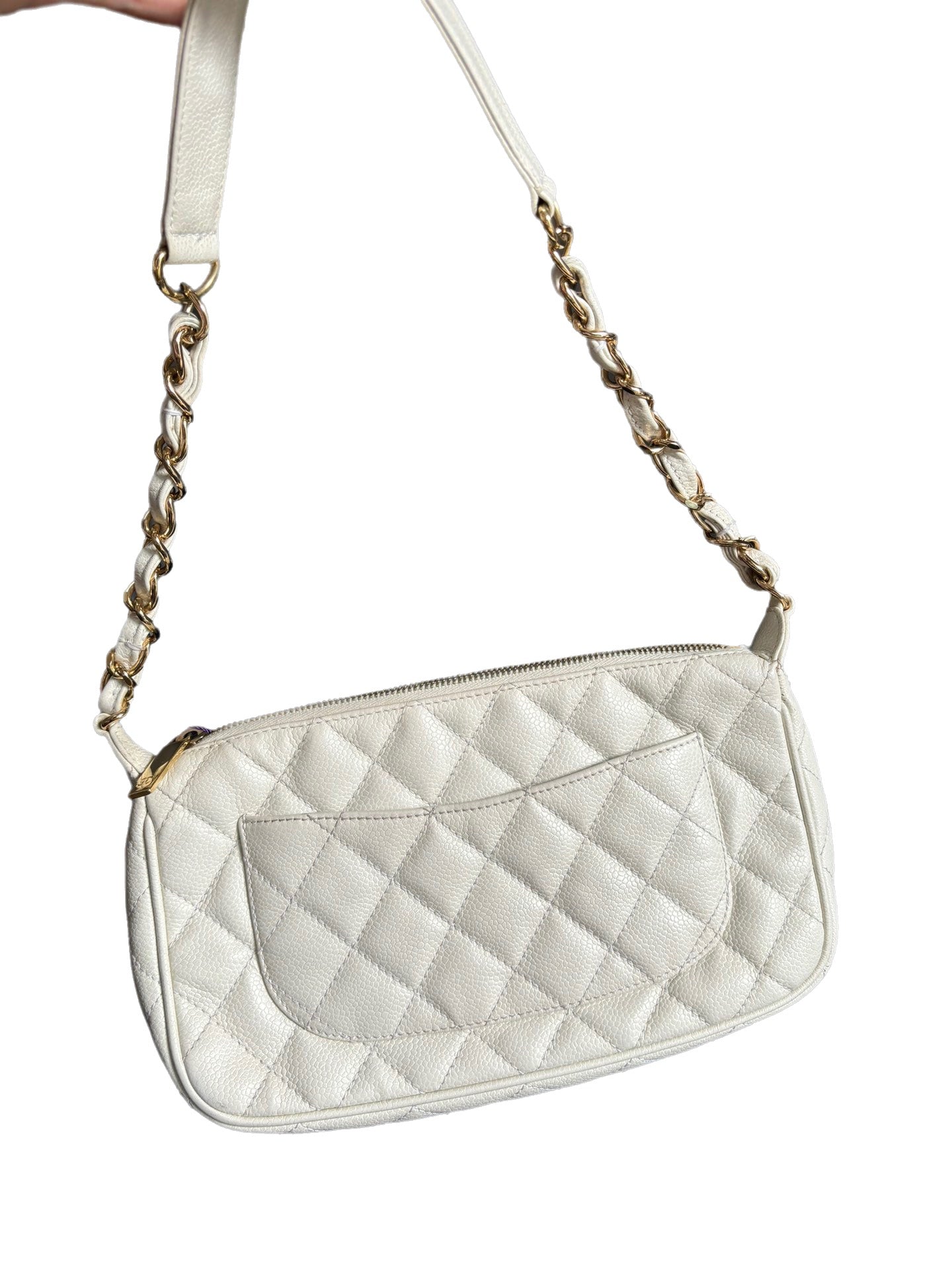 Chanel Clutch Shoulder Bag White Caviar Leather Gold Hardware