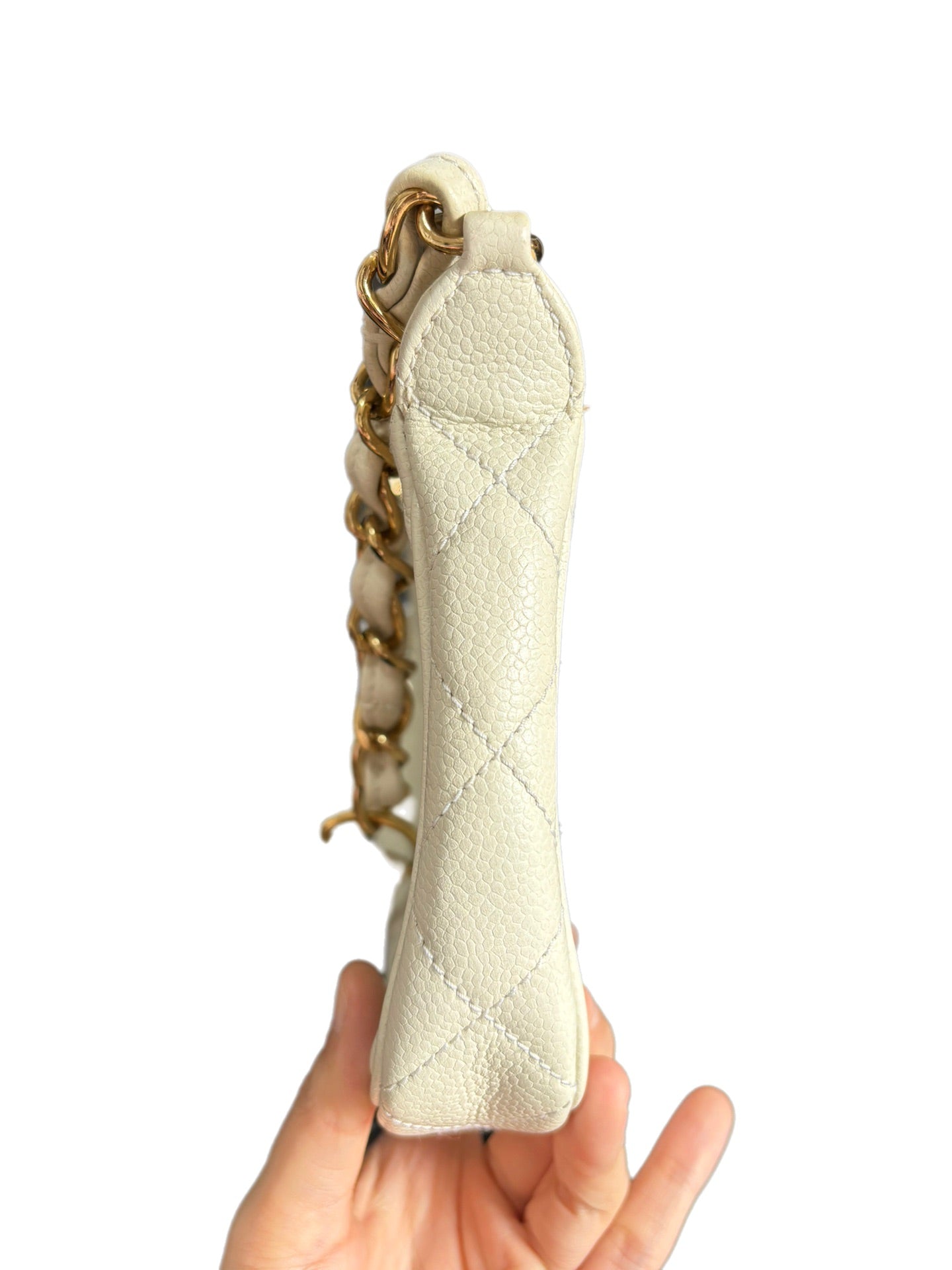 Chanel Clutch Shoulder Bag White Caviar Leather Gold Hardware