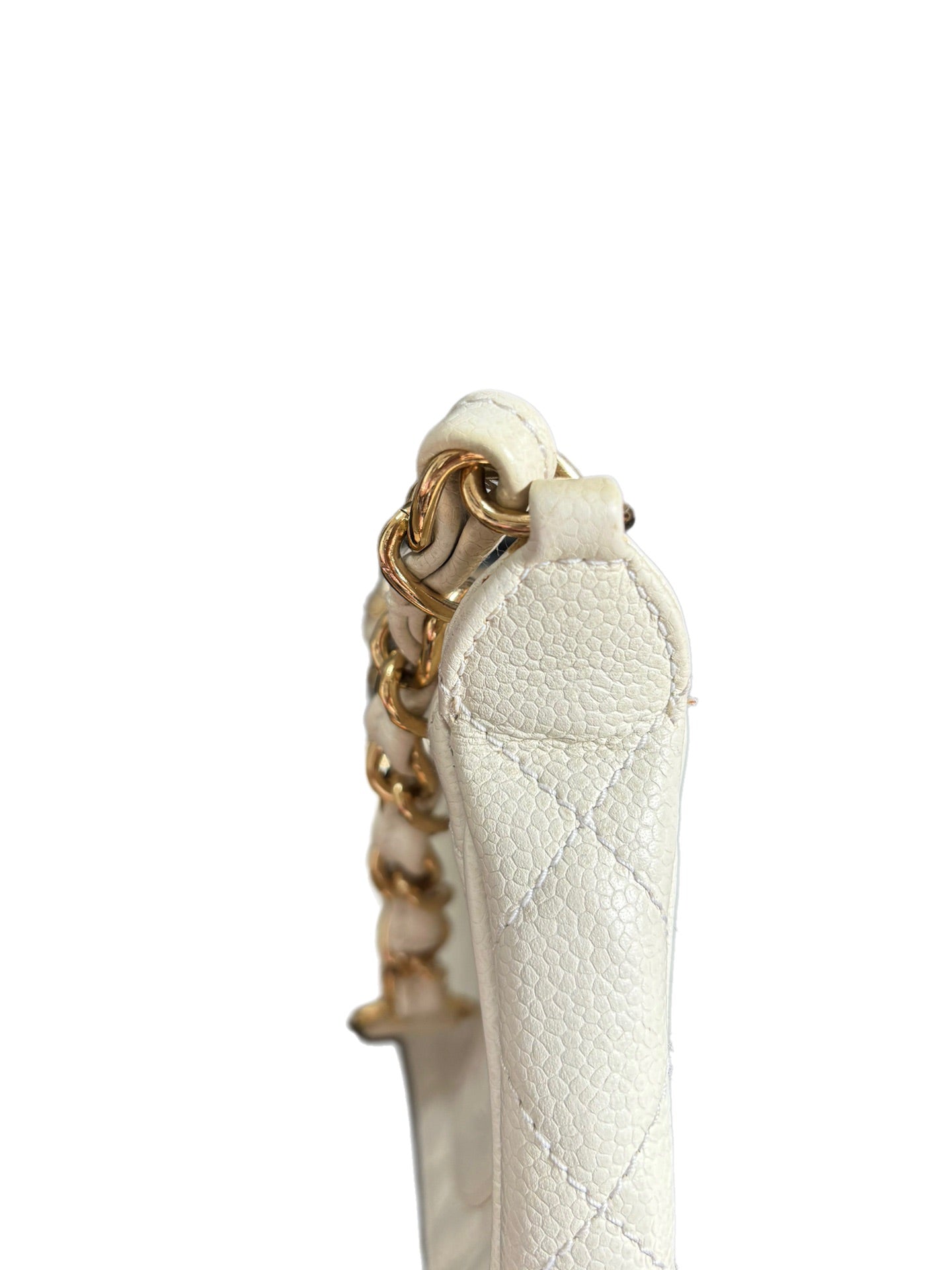 Chanel Clutch Shoulder Bag White Caviar Leather Gold Hardware