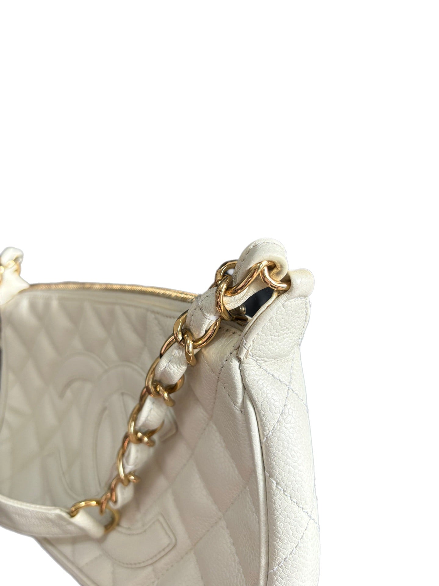 Chanel Clutch Shoulder Bag White Caviar Leather Gold Hardware