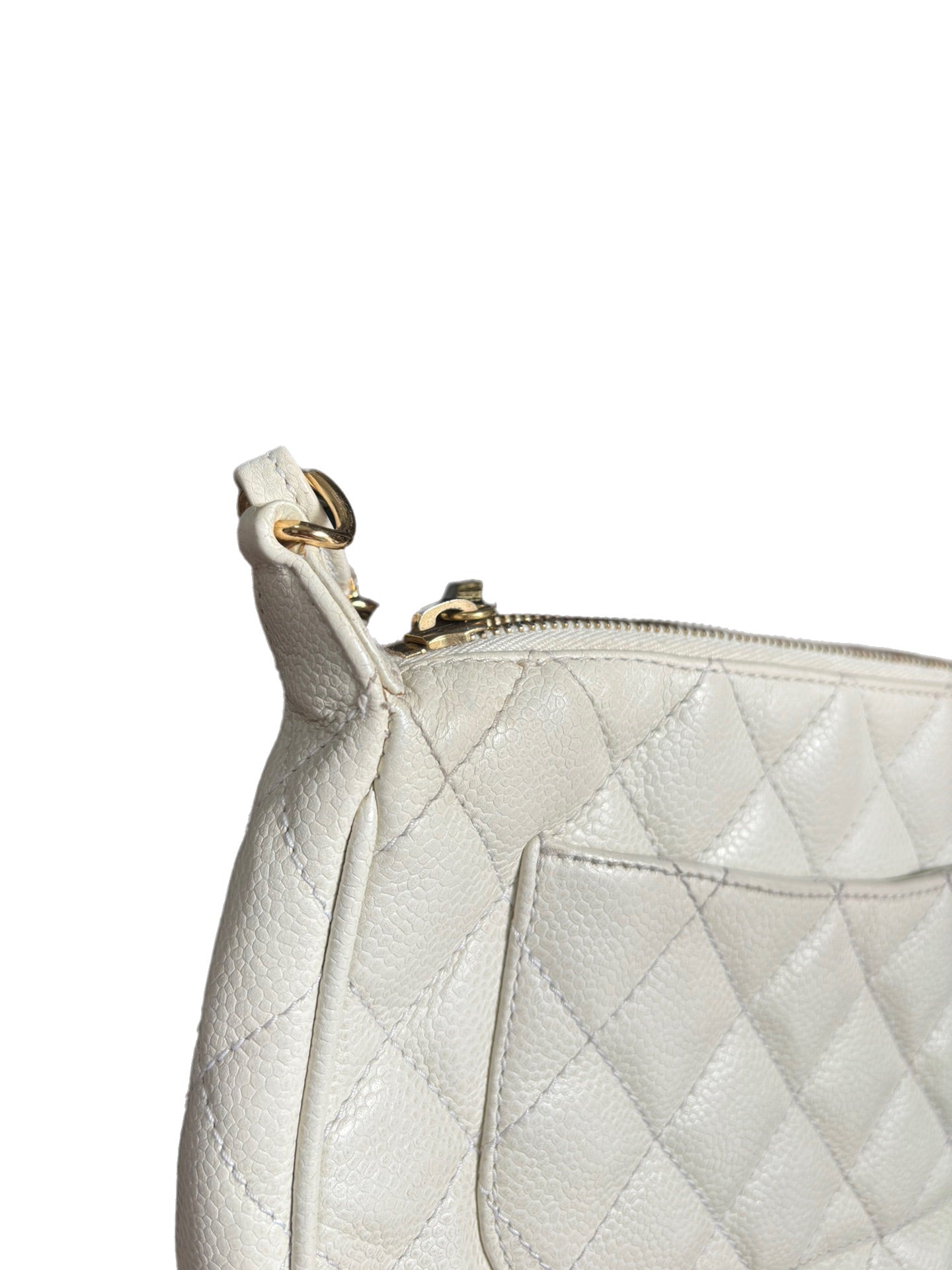 Chanel Clutch Shoulder Bag White Caviar Leather Gold Hardware
