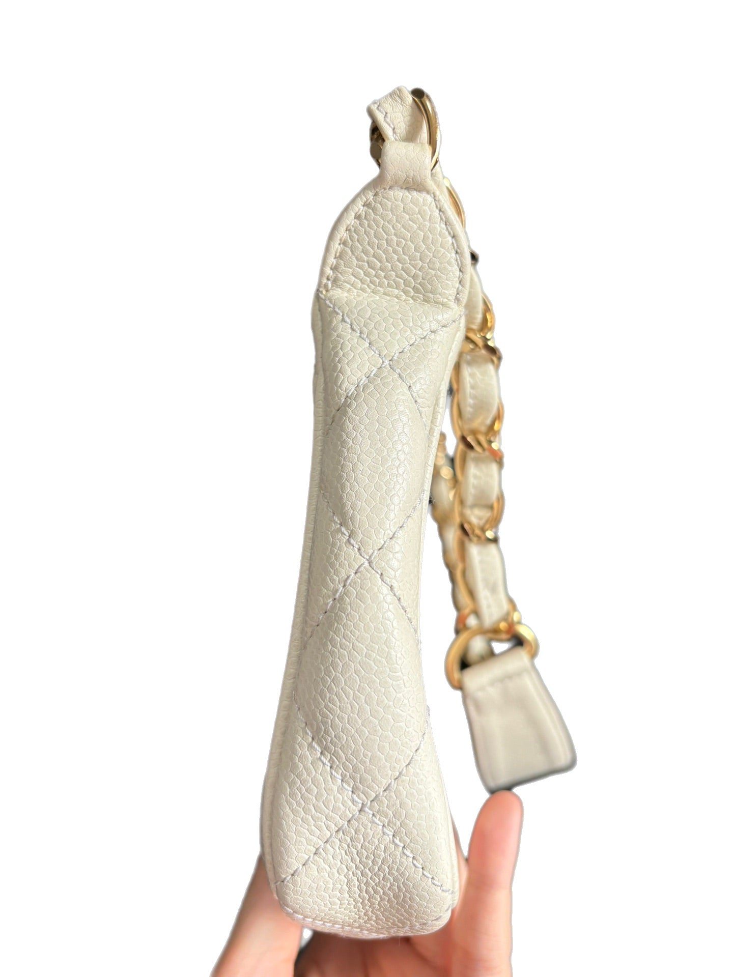 Chanel Clutch Shoulder Bag White Caviar Leather Gold Hardware