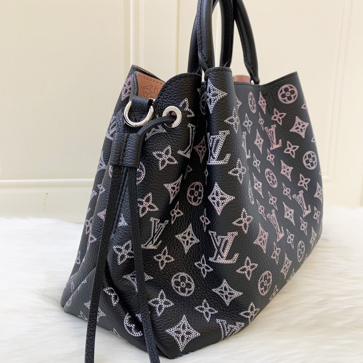 LV Bella Tote in Mahina Leather Black and Light Pink Mahina Leather