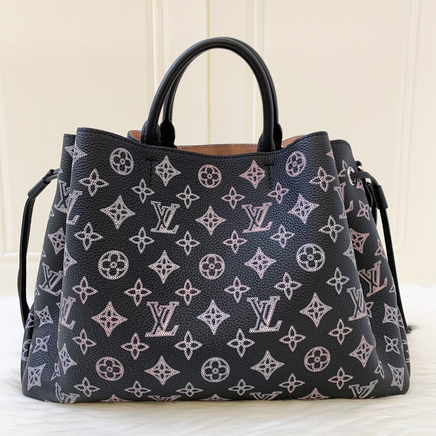 LV Bella Tote in Mahina Leather Black and Light Pink Mahina Leather
