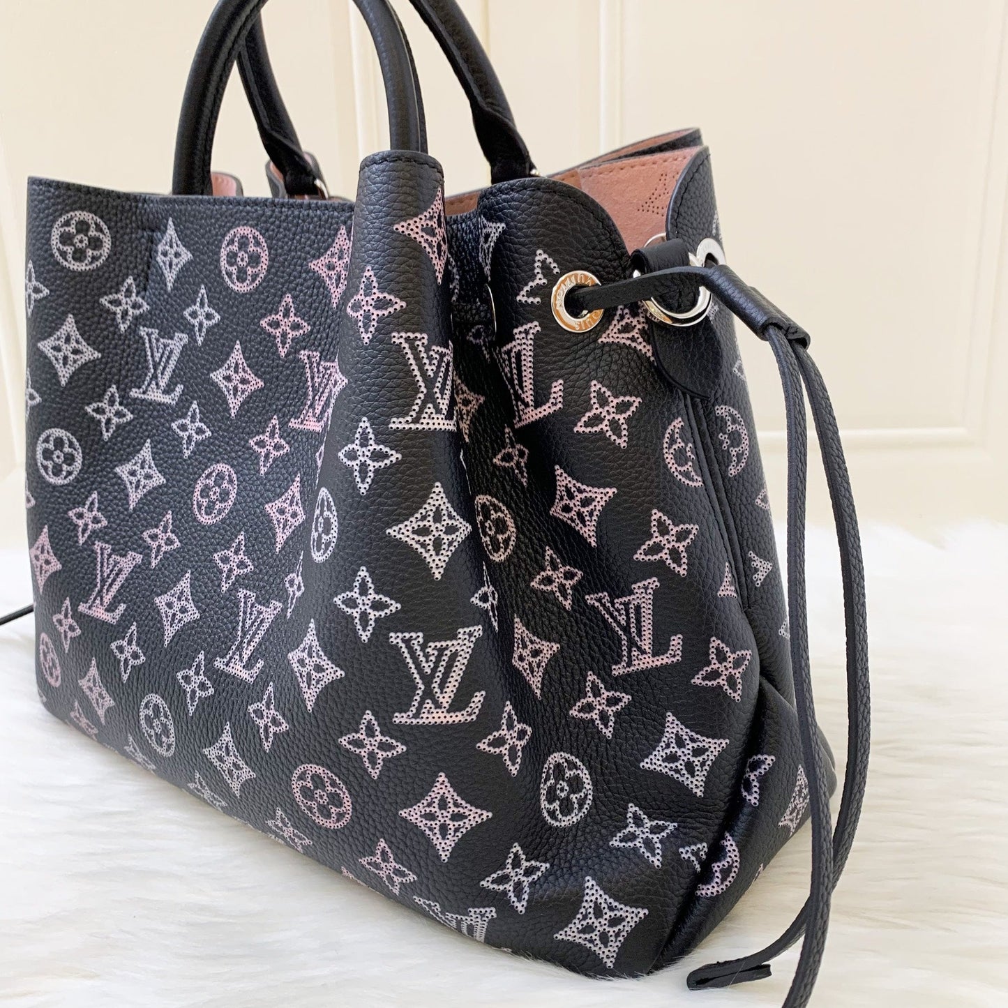 LV Bella Tote in Mahina Leather Black and Light Pink Mahina Leather