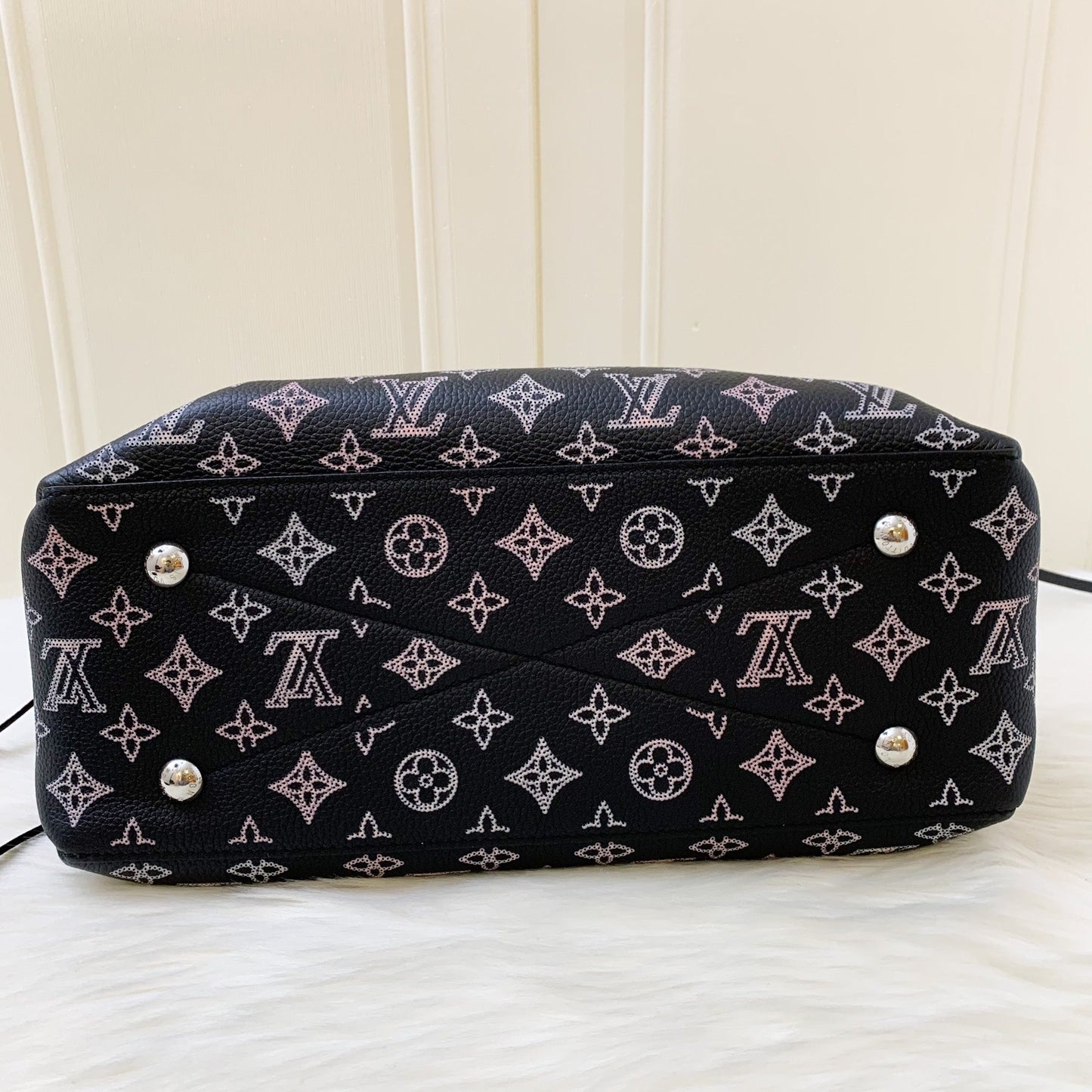 LV Bella Tote in Mahina Leather Black and Light Pink Mahina Leather