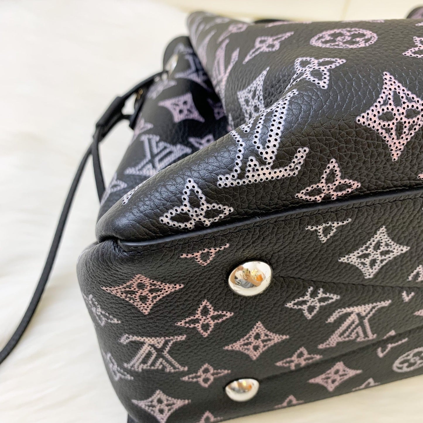 LV Bella Tote in Mahina Leather Black and Light Pink Mahina Leather