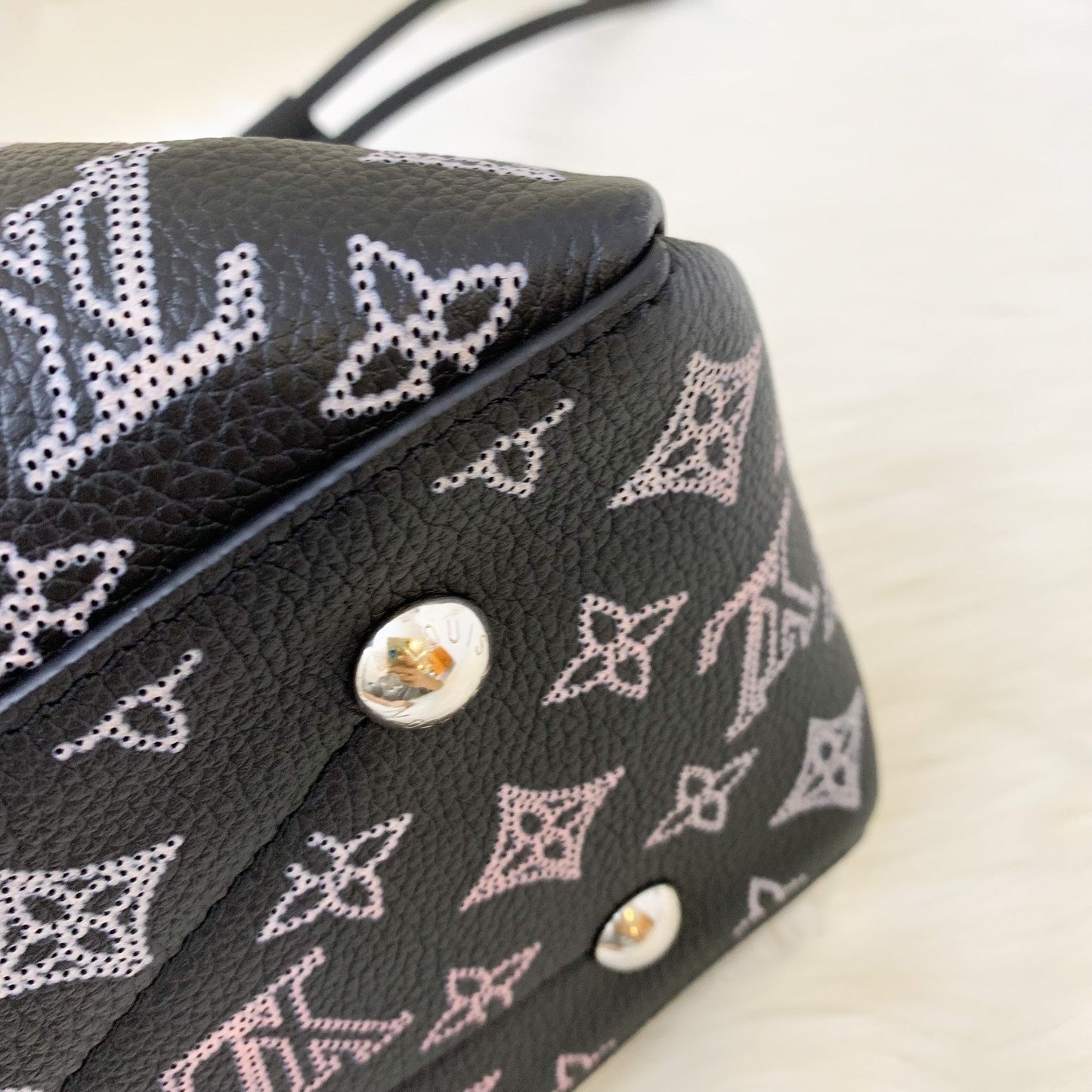 LV Bella Tote in Mahina Leather Black and Light Pink Mahina Leather