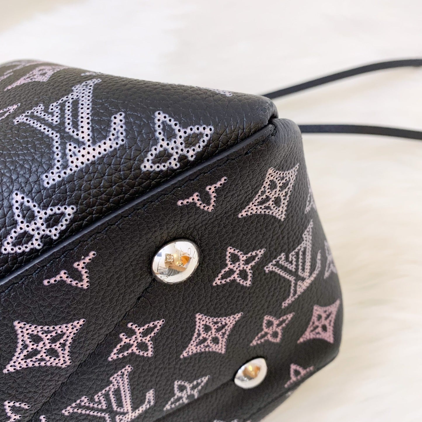 LV Bella Tote in Mahina Leather Black and Light Pink Mahina Leather