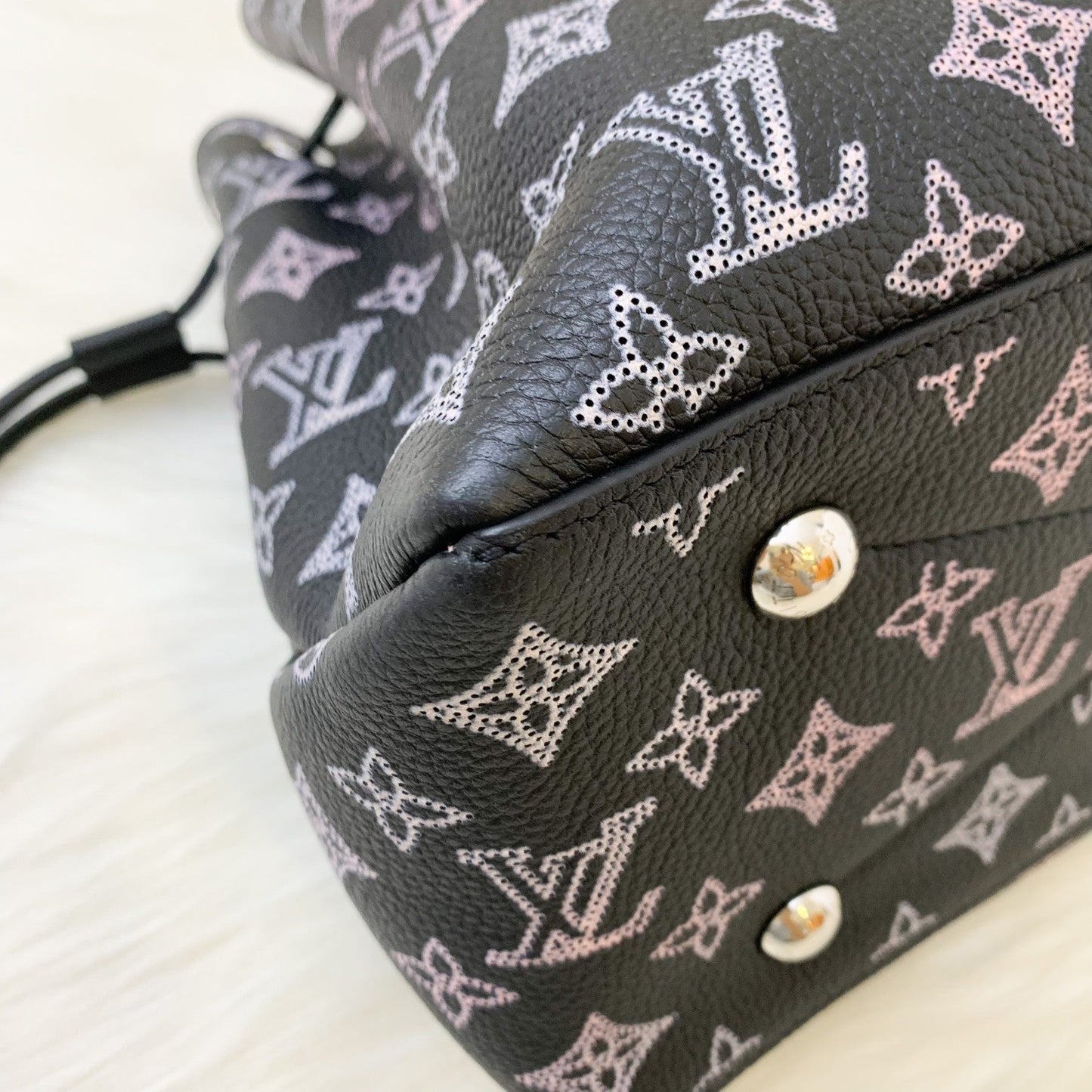 LV Bella Tote in Mahina Leather Black and Light Pink Mahina Leather