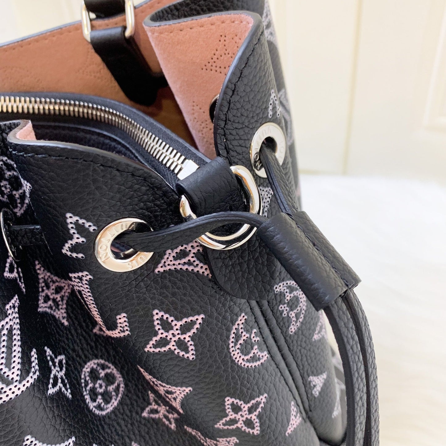LV Bella Tote in Mahina Leather Black and Light Pink Mahina Leather