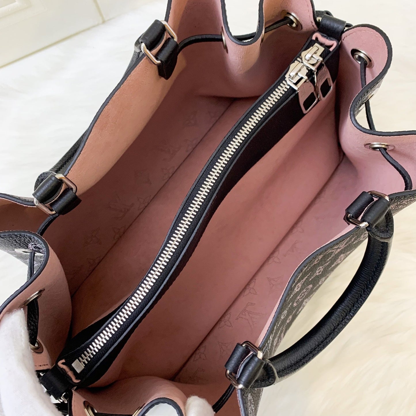LV Bella Tote in Mahina Leather Black and Light Pink Mahina Leather