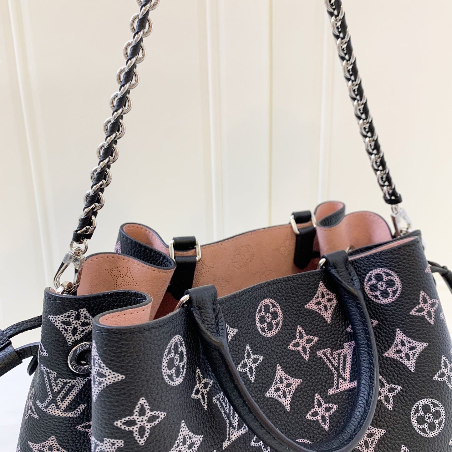 LV Bella Tote in Mahina Leather Black and Light Pink Mahina Leather