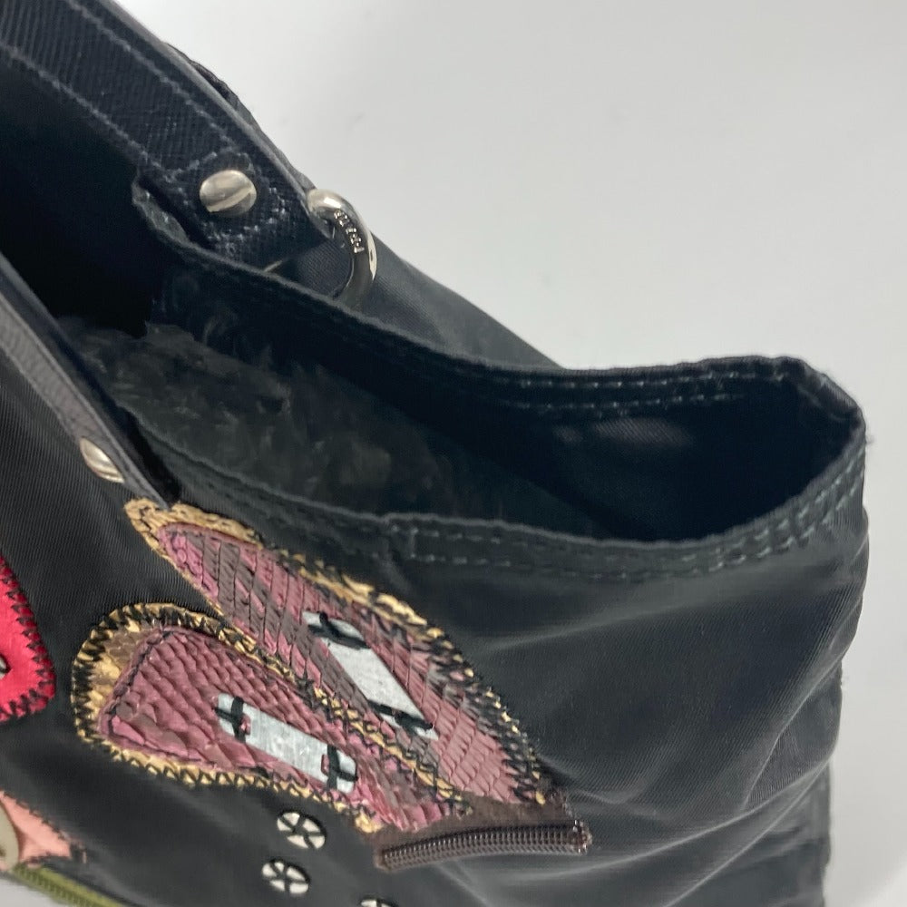PRADA Tote Bag Nylon, Leather black Embroidery Flower Metal Flower