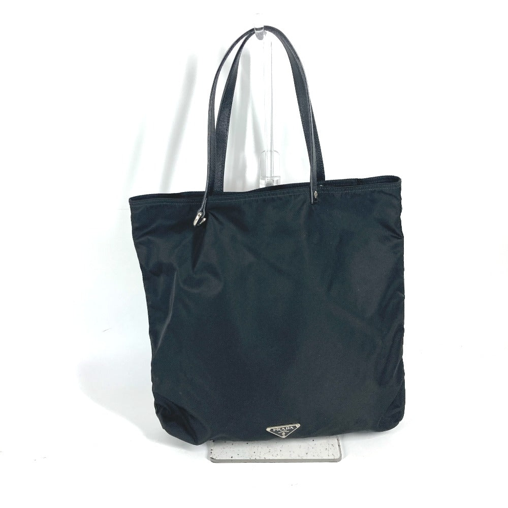 PRADA Tote Bag Nylon, Leather black Embroidery Flower Metal Flower