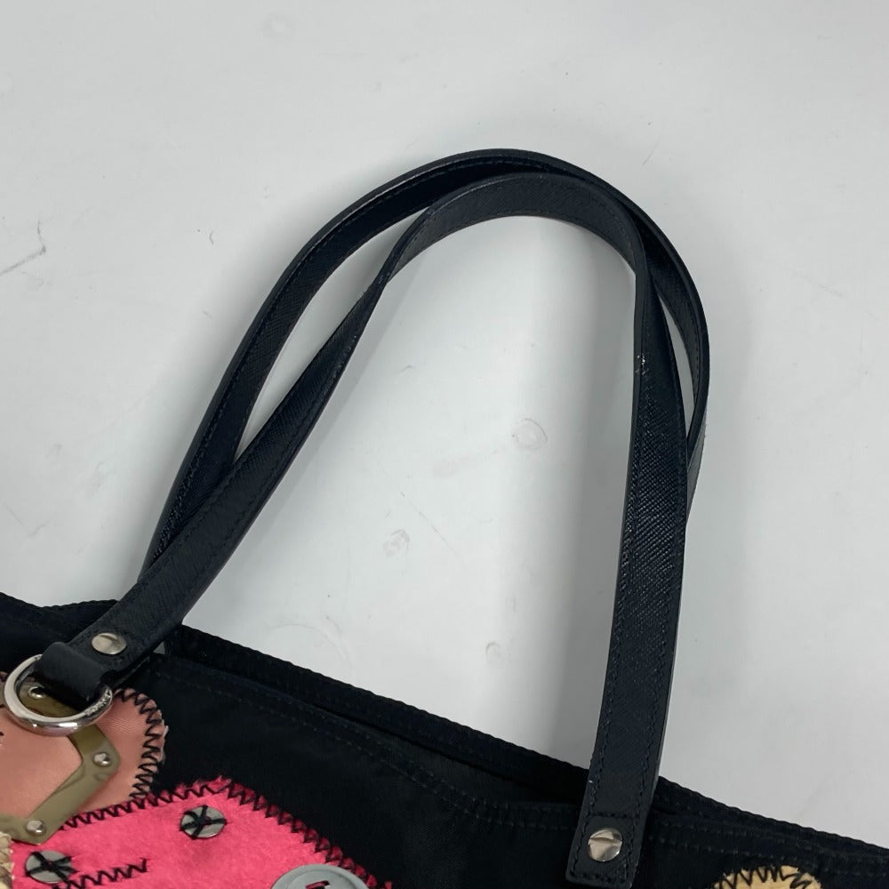 PRADA Tote Bag Nylon, Leather black Embroidery Flower Metal Flower