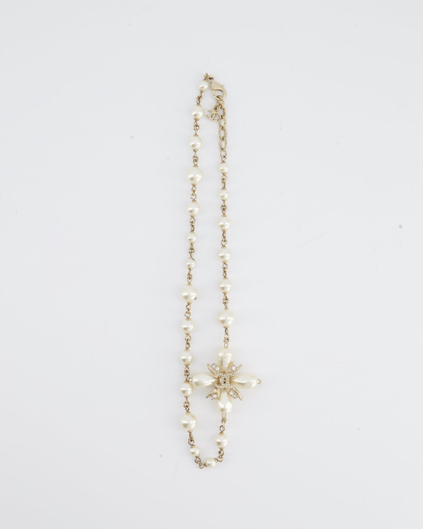 *HOT* Chanel Gold CC Necklace with White Pearl and Crystal Detailing