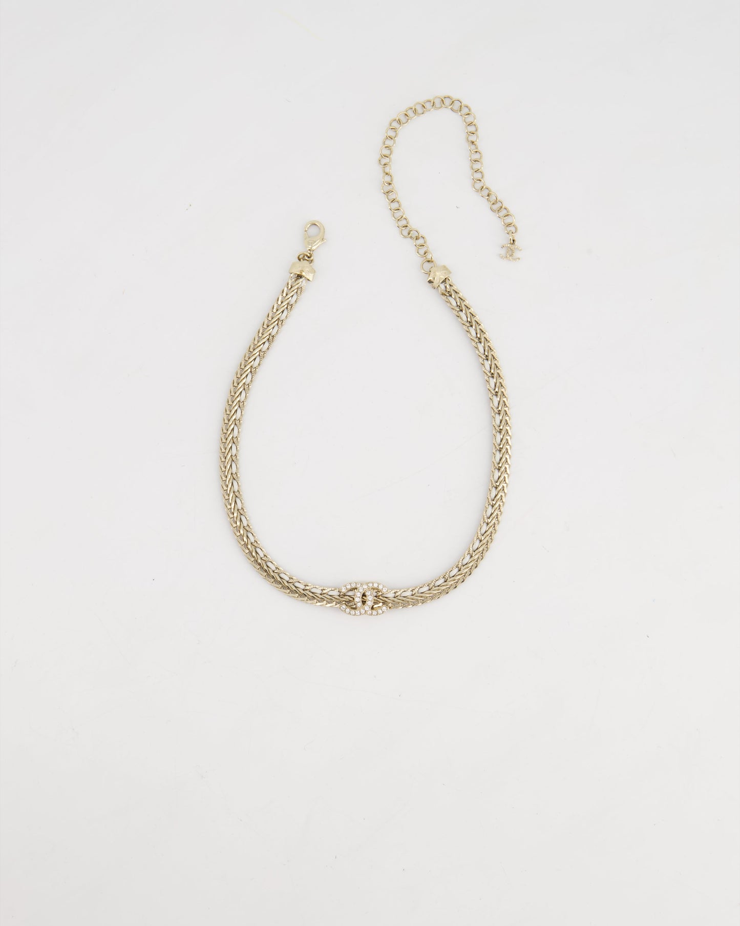 *HOT* Chanel Chain Choker Necklace in Champagne Gold with Crystal CC Logo