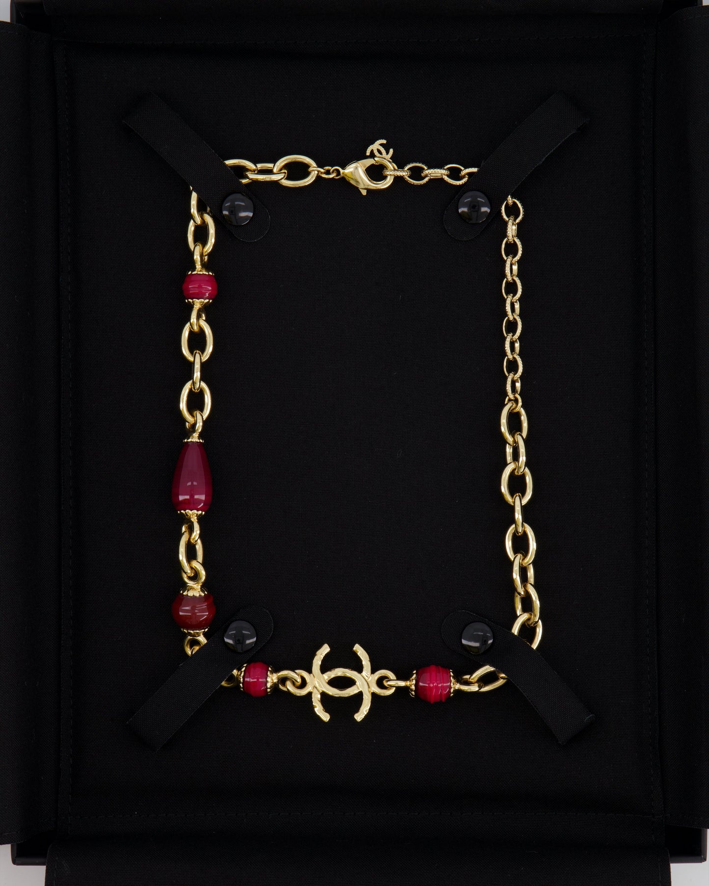 *HOT* Chanel Gold Necklace with Burgundy Stone Details and CC Logo