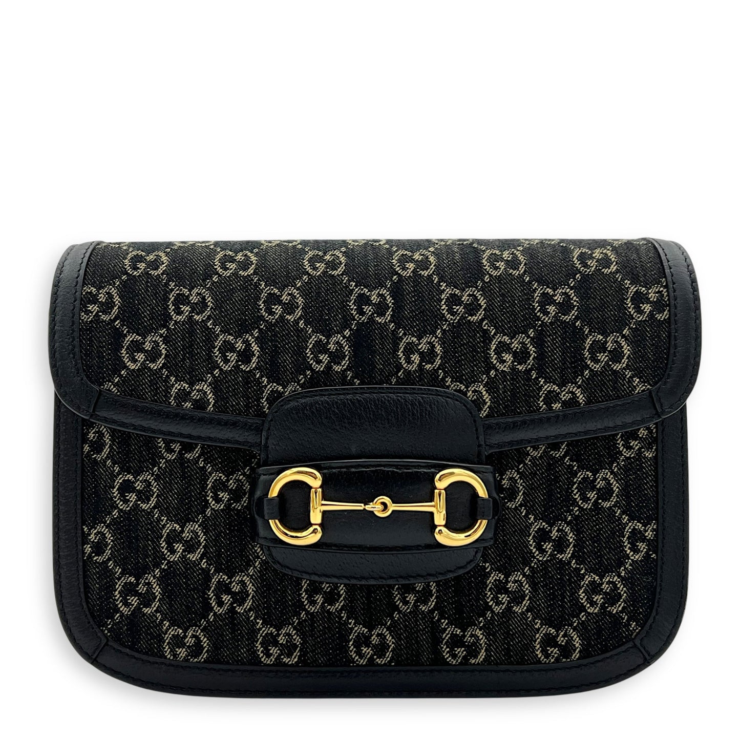 Horsebit 1955 Shoulder Bag Black in Denim, Gold hardware
