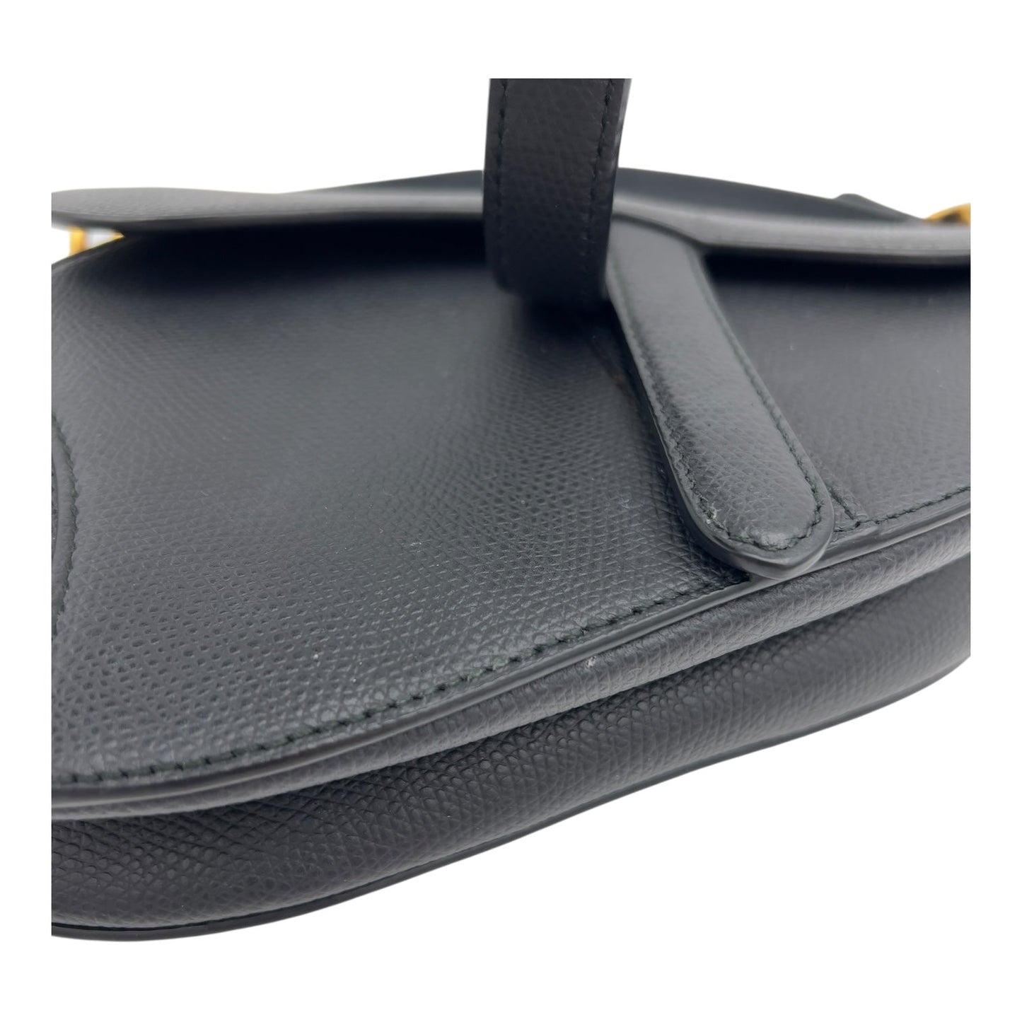Saddle with Strap Mini Black Crossbody Bag in Calfskin, Brushed Gold hardware